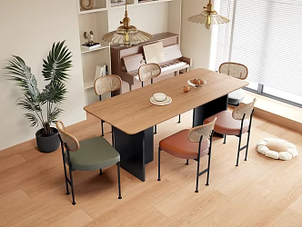Dining Table and Chair Combination Solid Wood Dining Table Leisure Dining Chair Solid Wood Background Decorative Cabinet Chandelier Piano Flower Pot Green 3d model