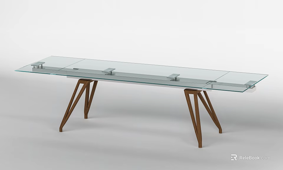 Modern Dining Table With Glass Top And Wooden Tapered Legs Design 3d model 
