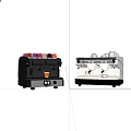 Modern Kitchen Appliances Featuring Black Silver White Coffee Machines With Colorful Cups