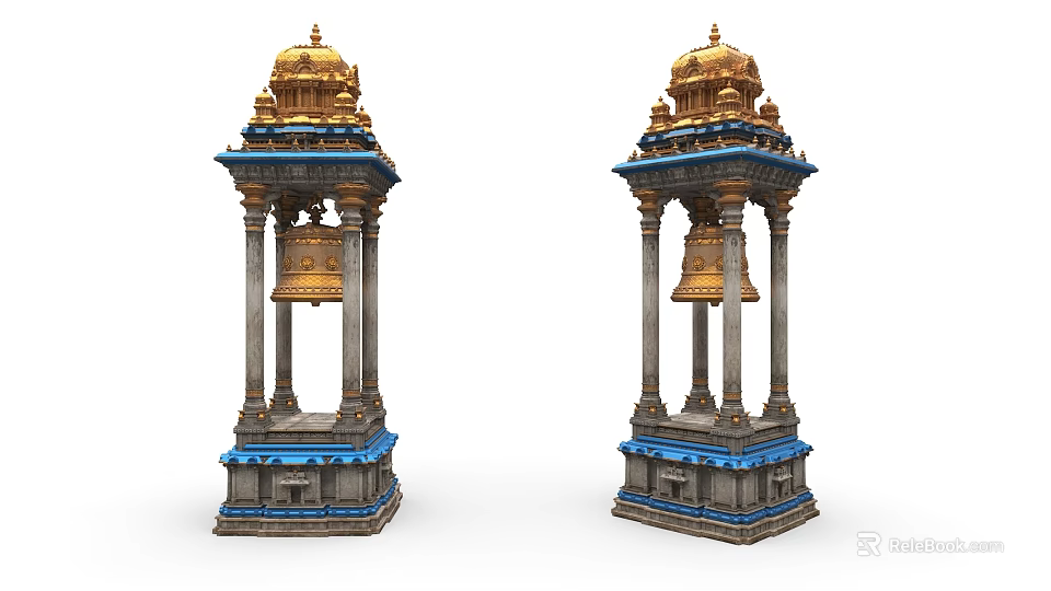 Ancient Architecture Featuring Golden Domes Blue Decorations Pillars And Bells 3d model 