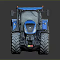 Blue Tractor With Attached Dump Trailer And Large Wheels On Reflective Surface 3d model