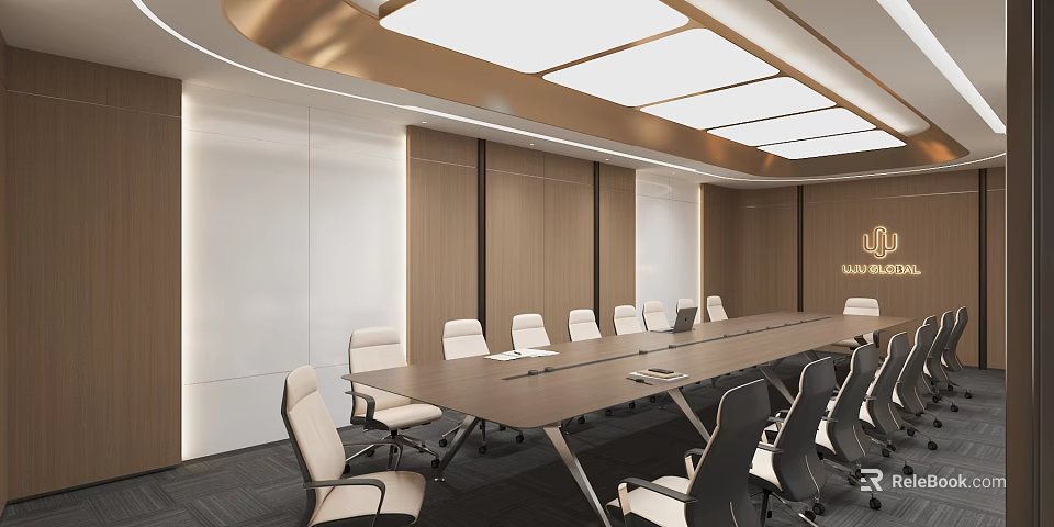 Modern Conference Room Interior With Long Table Comfortable Chairs Wooden Walls And Modern Ceiling Lighting 3d model 