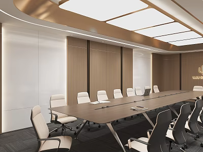 Modern Conference Room Interior With Long Table Comfortable Chairs Wooden Walls And Modern Ceiling Lighting 3d model