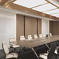 Modern Conference Room Interior With Long Table Comfortable Chairs Wooden Walls And Modern Ceiling Lighting