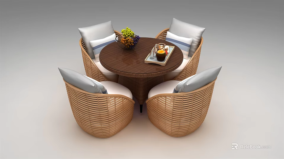 Outdoor Sofa Set with Wicker Design White Cushions Round Wooden Table Fruit Bowl and Tray 3d model 