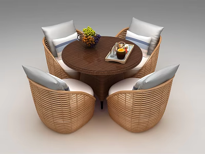 Outdoor Sofa Set with Wicker Design White Cushions Round Wooden Table Fruit Bowl and Tray 3d model