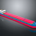 Cargo Water Vessel With Blue Red Hull And Long Red Cargo Transport Deck