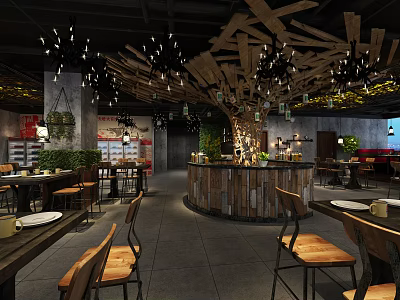 Industrial Style Restaurant Interior With Wooden Ceiling Decor Pendant Lights Bar And Dining Tables 3d model