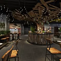 Industrial Style Restaurant Interior With Wooden Ceiling Decor Pendant Lights Bar And Dining Tables