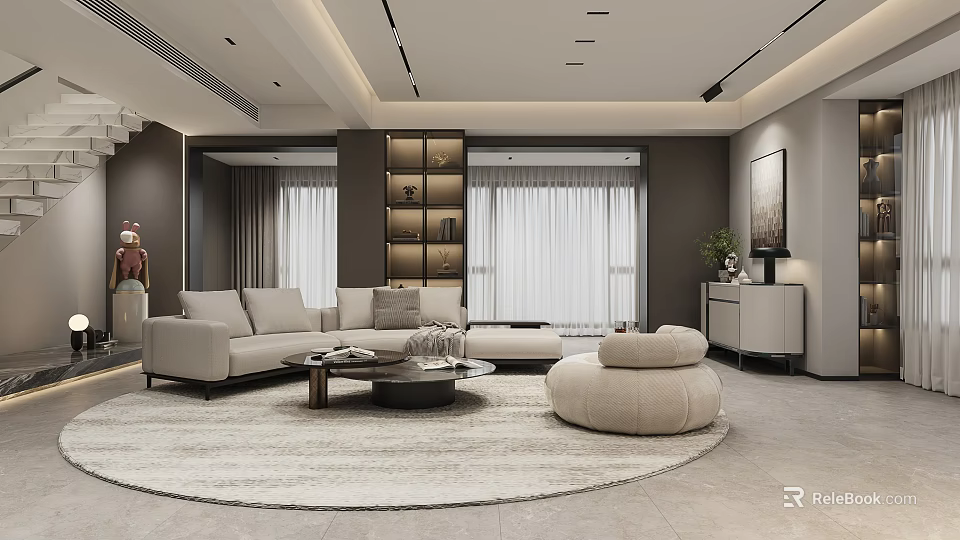 Elegant Modern Living Dining Room With Beige Sofa Coffee Table And Floor To Ceiling Windows 3d model 