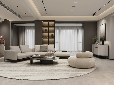 Elegant Modern Living Dining Room With Beige Sofa Coffee Table And Floor To Ceiling Windows 3d model