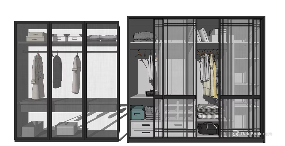 Modern Wardrobe Interior Design With Glass Doors Metal Frame Hanging Folded Clothes And Drawers 3d model 