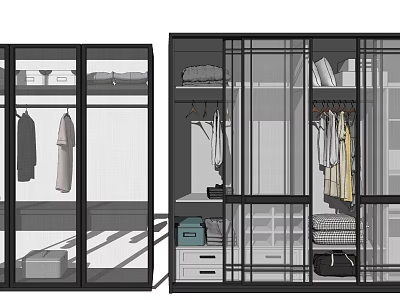 Modern Wardrobe Interior Design With Glass Doors Metal Frame Hanging Folded Clothes And Drawers 3d model