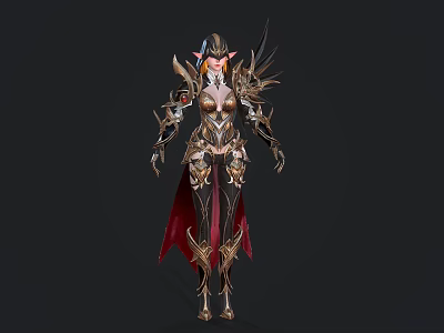 Fantasy Female Warrior In Ornate Golden Armor With Red Cape And Spiked Details 3d model