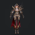 Fantasy Female Warrior In Ornate Golden Armor With Red Cape And Spiked Details