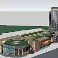 Modern Commercial Complex With Glass Facade Curved Roof And Multilevel Exterior