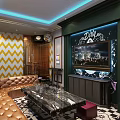Modern KTV Room Interior With Brown Leather Sofa Chevron Wall Marble Table TV And Lighting