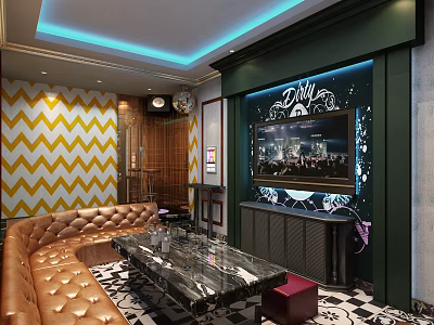 Modern KTV Room Interior With Brown Leather Sofa Chevron Wall Marble Table TV And Lighting 3d model