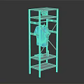 Multi Tiered Storage Shelf with Blue T Shirt Hanging Sports Ball and Water Bottle