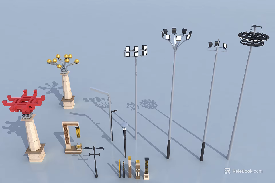 Various Modern Outdoor Lights In Different Styles For Garden And Street Settings 3d model 