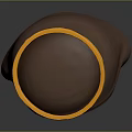 Toy Figure in Brown Robe With Golden Halo Black Eye Covering And Golden Circular Object