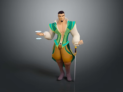 3D Male Character In Green White Outfit Yellow Pants Holding Tray With Cups And Sword 3d model
