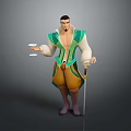 3D Male Character In Green White Outfit Yellow Pants Holding Tray With Cups And Sword