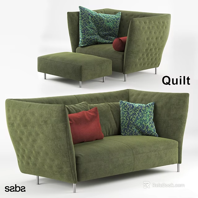 Modern Green Sofa Set with Accent Pillows Green Patterned Red Decorative and Ottoman 3d model