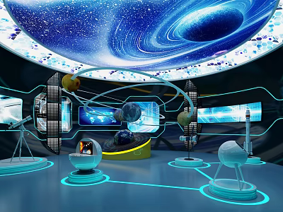 Futuristic Space Exhibition Hall With Starry Sky Ceiling And Planet Models 3d model