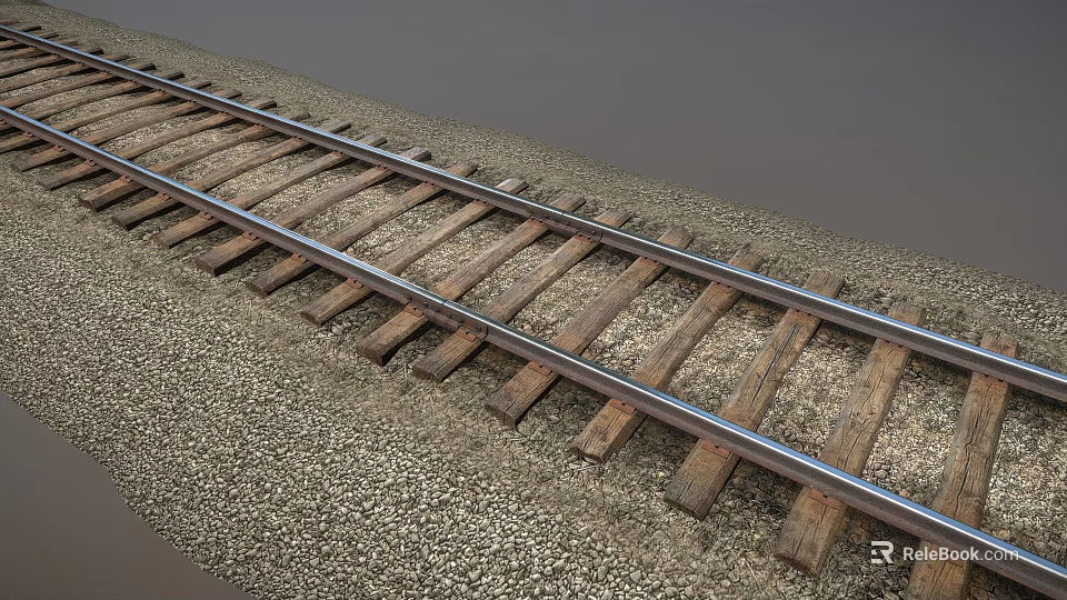 Railroad Track Structure With Wooden Ties Metal Rails And Gravel Bed 3d model 