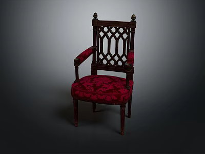 Classical Wooden Chair With Carved Backrest Red Velvet Seat And Armrests 3d model