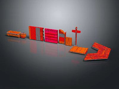 Colorful Modern Decorative Ornament Set With Red Orange Geometric Panels Signpost And Wooden Elements 3d model