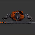 Futuristic Armored Warrior With Black Silver Armor Orange Cape And Chainsaw Gun Weapon
