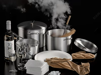 Stainless Steel Kitchen Cookware With Pots Spatula Wine Glasses Plate And Napkins 3d model