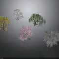 Colorful Trees with Yellow White Green Pink and Gray Foliage on Dark Background