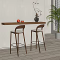 Modern Wooden Bar Counter With Bar Stools Vase Red Apples And Large Green Plant
