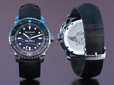 Luxury Dive Watch With Black Strap Blue Dial And Engraved Eagle Back Case 3d model