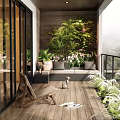 Lush Home Balcony Interior With Wooden Floor Sofa Greenery Lounger And Glass Railing