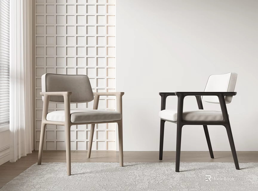 Modern Leisure Chairs With Light And Dark Armrests On Light Carpet By White Grid Wall 3d model 