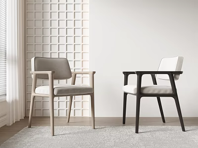Modern Leisure Chairs With Light And Dark Armrests On Light Carpet By White Grid Wall 3d model