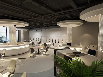 Modern Café Interior With Open Layout Tables Chairs Pendant Lights And Plants 3d model