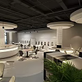 Modern Café Interior With Open Layout Tables Chairs Pendant Lights And Plants