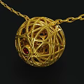 Delicate Gold Necklace With Netted Sphere Pendant And Red Gemstone Center