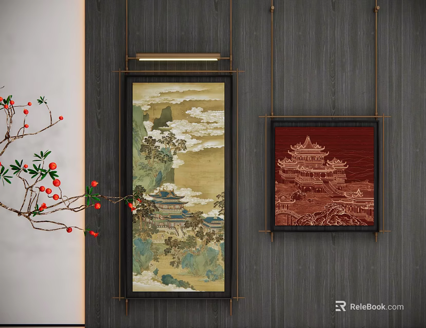 Traditional Chinese Wall Art With Landscape Scenery Red Building And Berry Branches 3d model 