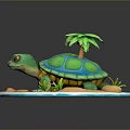 Green Turtle With Blue Shell On Sandy Ground Near Palm Tree Small Stones And Grass