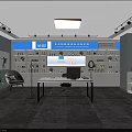 Public Office Space With Modern Desk Computer Green Plants Shelves And Blue Wall Decorations