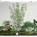 Lush Green Shrubs Garden Landscape With Bamboo Palm Plants Stones And Small Lights