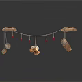 Handmade Wooden Hanging Decoration With Small Fabric Bags And Red Ornaments