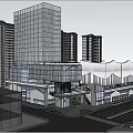 Modern Commercial Street Development With High Rise Buildings Central Plaza And Green Park