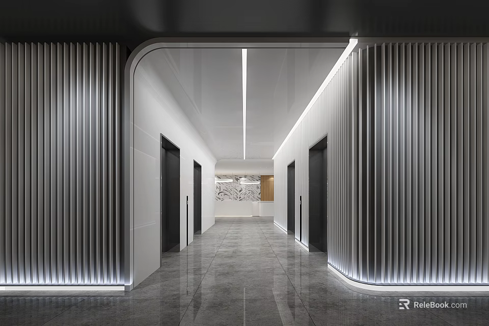 Modern Elevator Hallway Interior Design With Vertical Striped Walls And LED Lighting 3d model